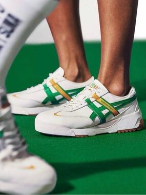Onitsuka Tiger White Sneakers with Green & Yellow Stripes